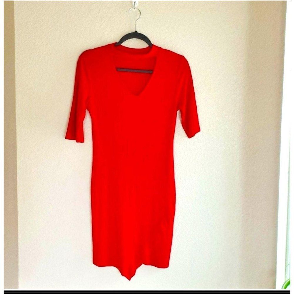Sexy Red Ribbed 3/4 Sleeve Body Con Dress M